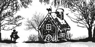 Hänsel und Gretel entdecken das Hexenhaus im Wald