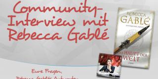 Community-Interview mit Rebecca Gablé, Cover und Foto der Autorin vor silbernem Hintergrund