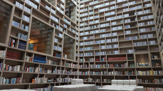 Bild einer Hotel-Buchhandlung; die Bücher reichen bis unter die Decke